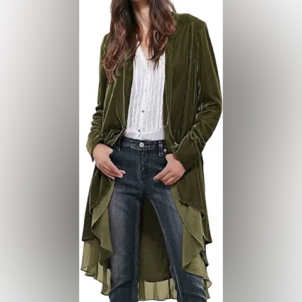 R. VIVIMOS Green Velvet
Layered Chiffon Long open front
Cocktail Jacket M Boho,S - Picture 2 of 12